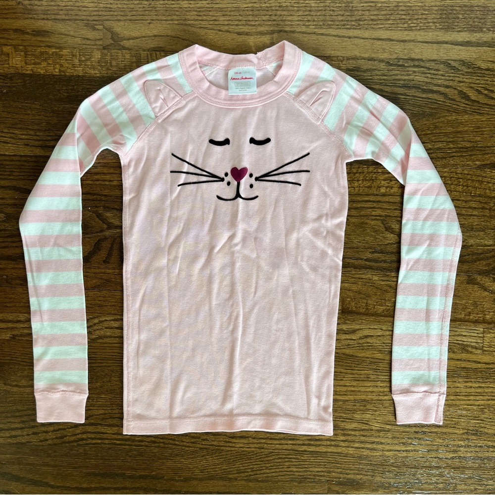 Hanna Andersson Pink White Long Sleeve Pajamas Stripes Cat sz 12 150 cm EUC - Picture 2 of 9